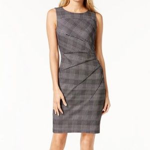 Calvin Klein Houndstooth Black White Sunburst Seam Sleeveless Sheath Dress Sz 4